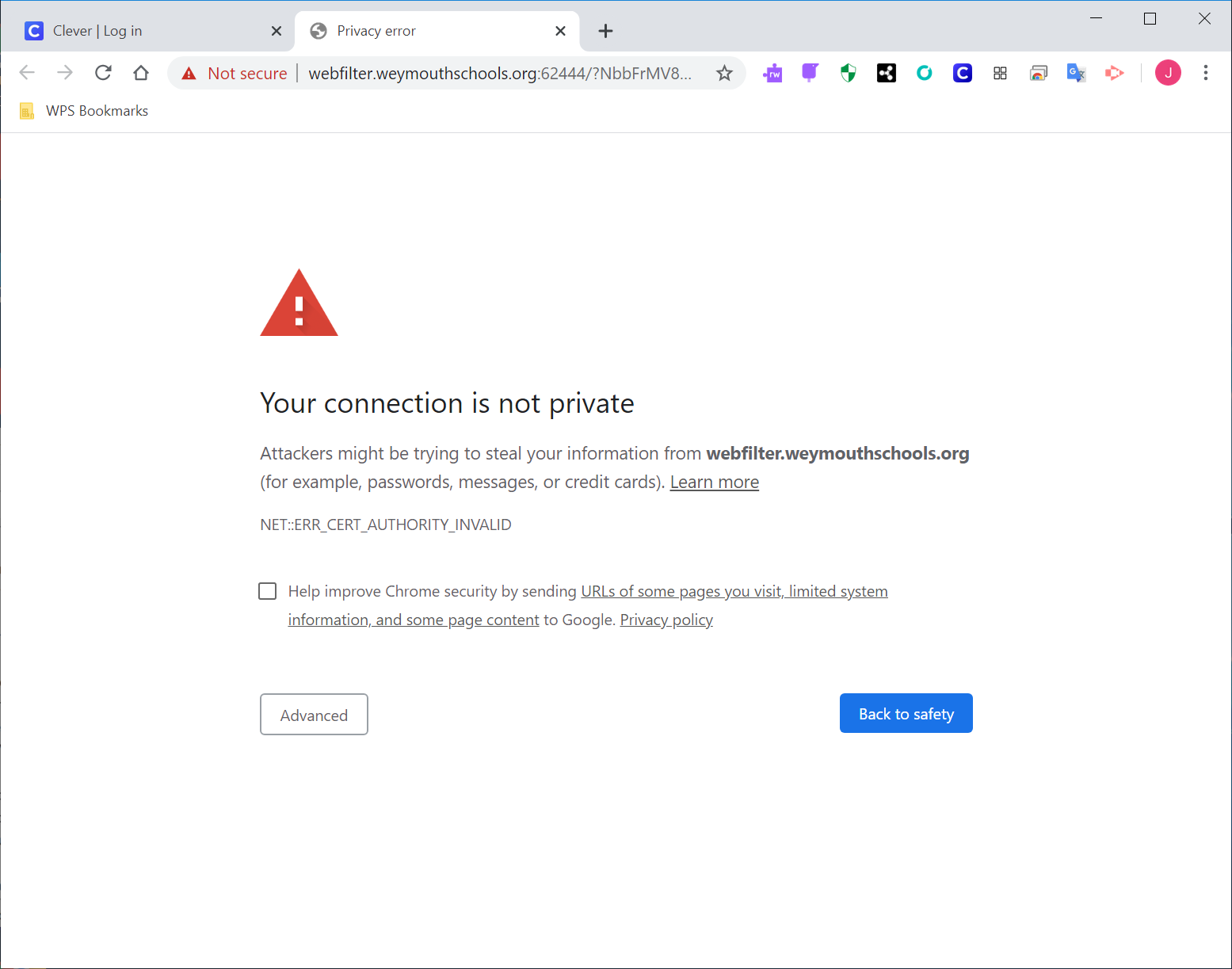 Chrome: Your connection is not private. CERT AUTHORITY INVALID